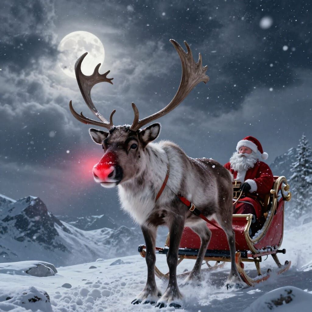 Rodolfo El Reno Leads Santa's Sleigh in Dramatic Winter Sky