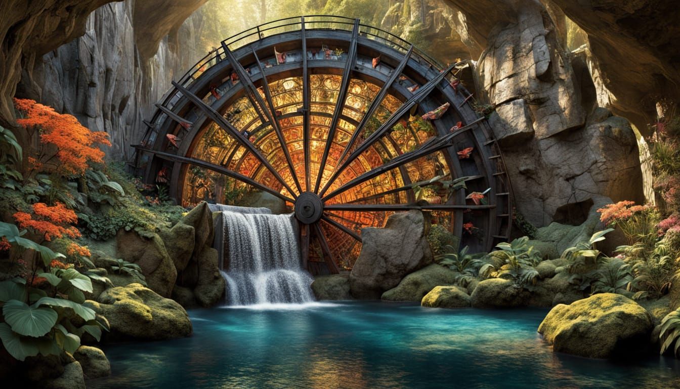 Colossal Waterwheel in Bioluminescent Cavern, Whimsical City...