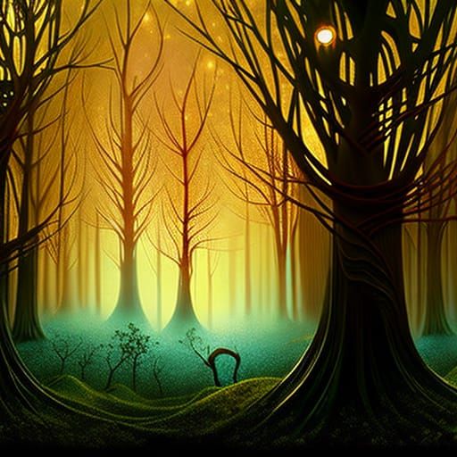 Bioluminescent Forest with Eyes: Digital Art