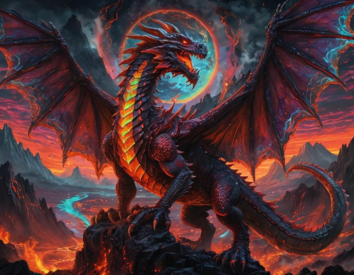 Fire Dragon in Volcanic Landscape, Neonpunk Manga Style