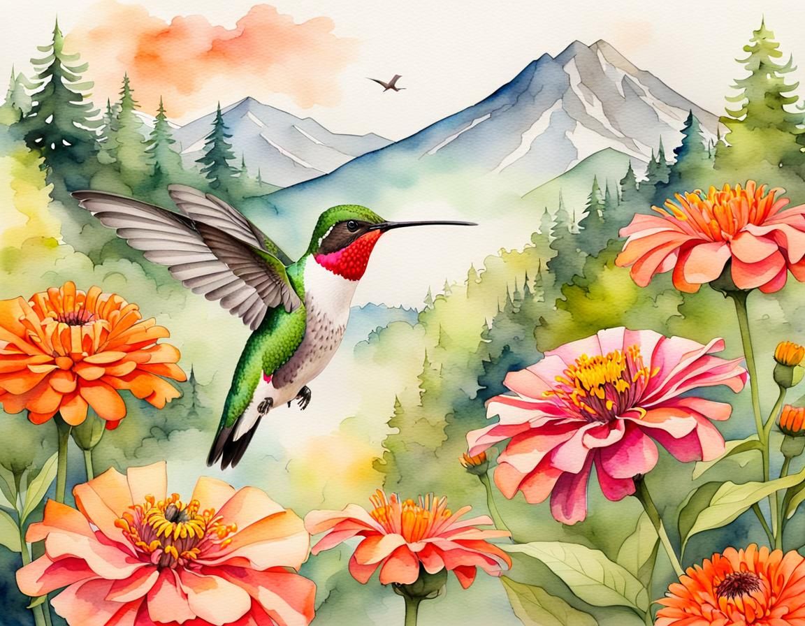 Watercolor Hummingbird and Zinnia Field
