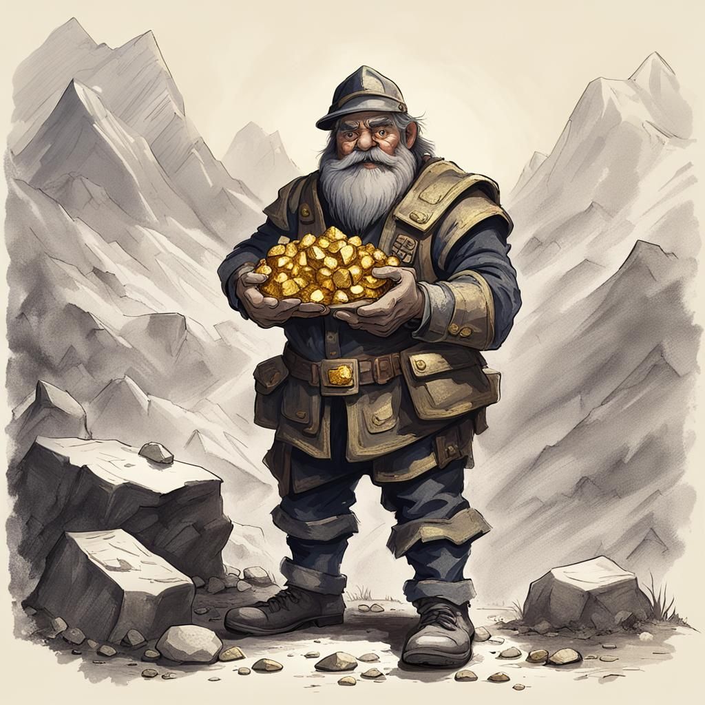 Mining Dwarf Holding Gold Nugget Illustration
