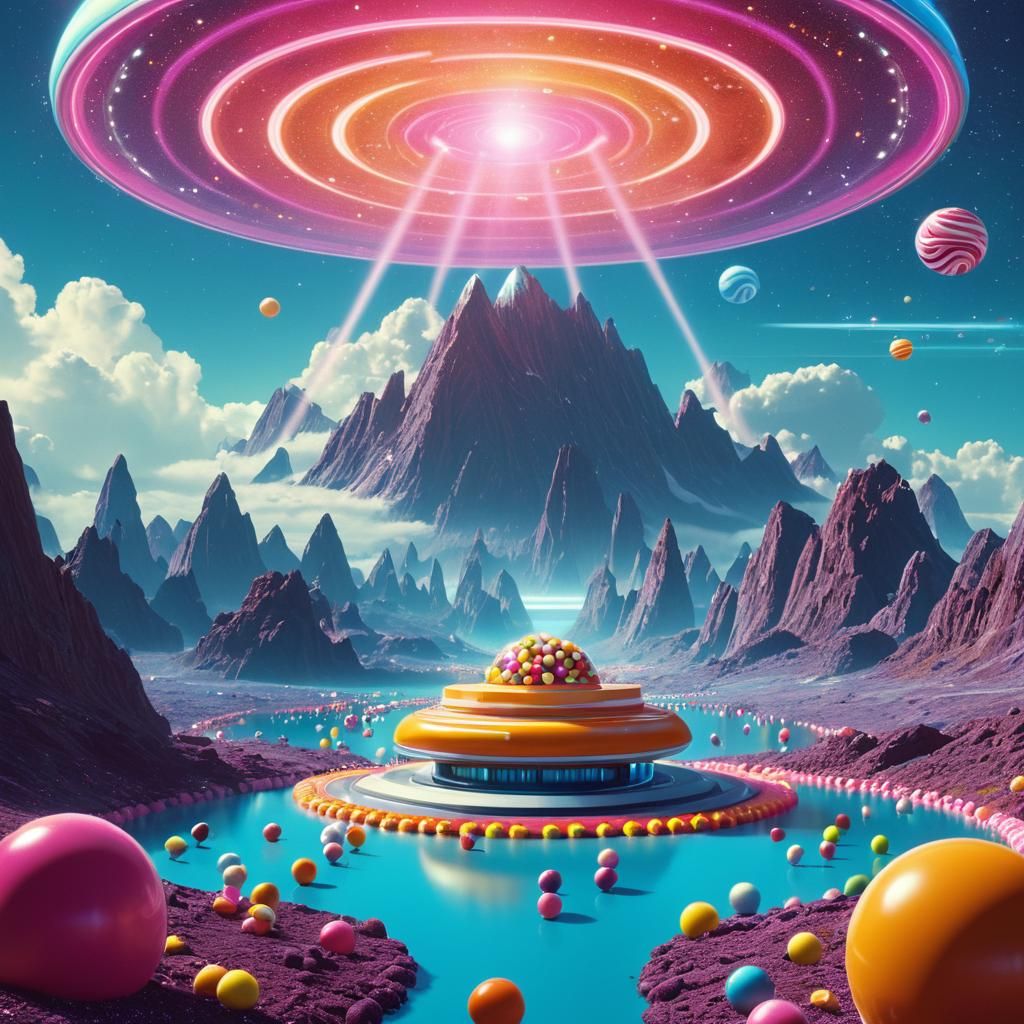 Candy Cosmos: A Hyperrealistic 70s Sci-Fi Scene