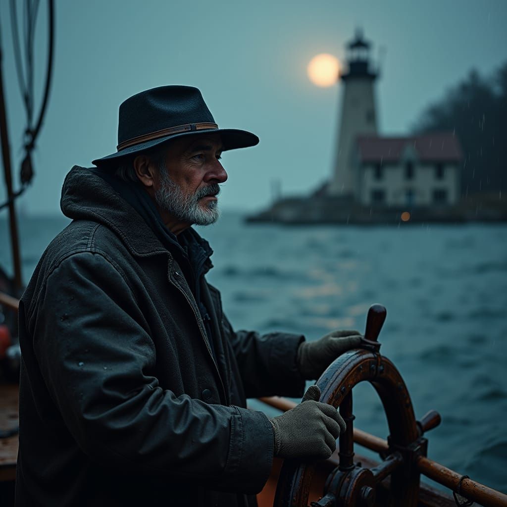 Lobsterman Stands Against the Moonlit Maine Coastline