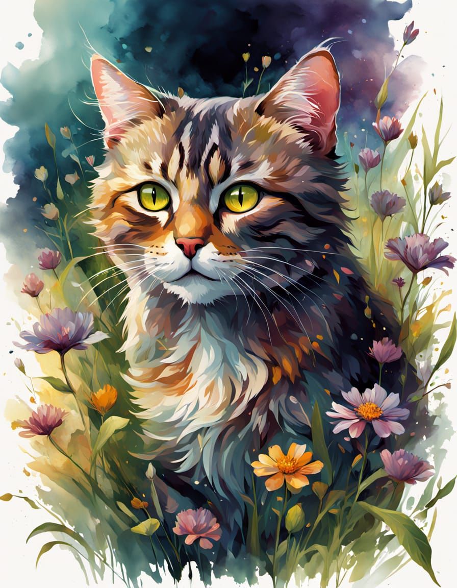 Whimsical Tabby Cat in Vibrant Floral Wonderland