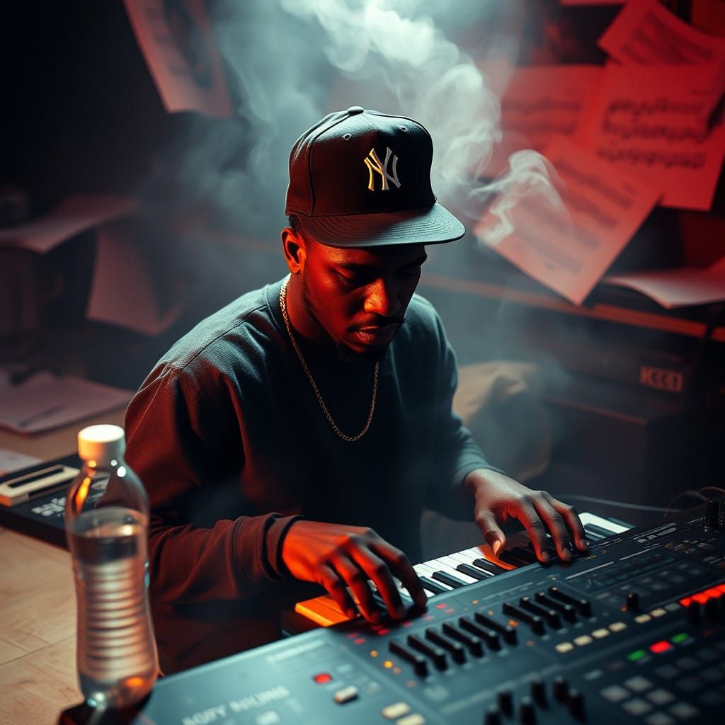Hip Hop Maestro in Smoky Dimly Lit Lair