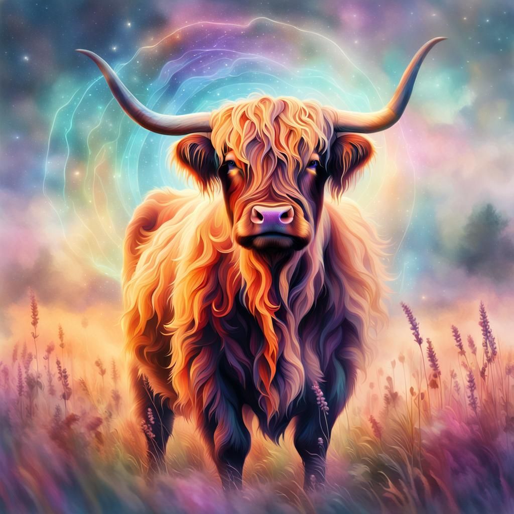 Highland Cow in Astral Mist, Mixed Media Art