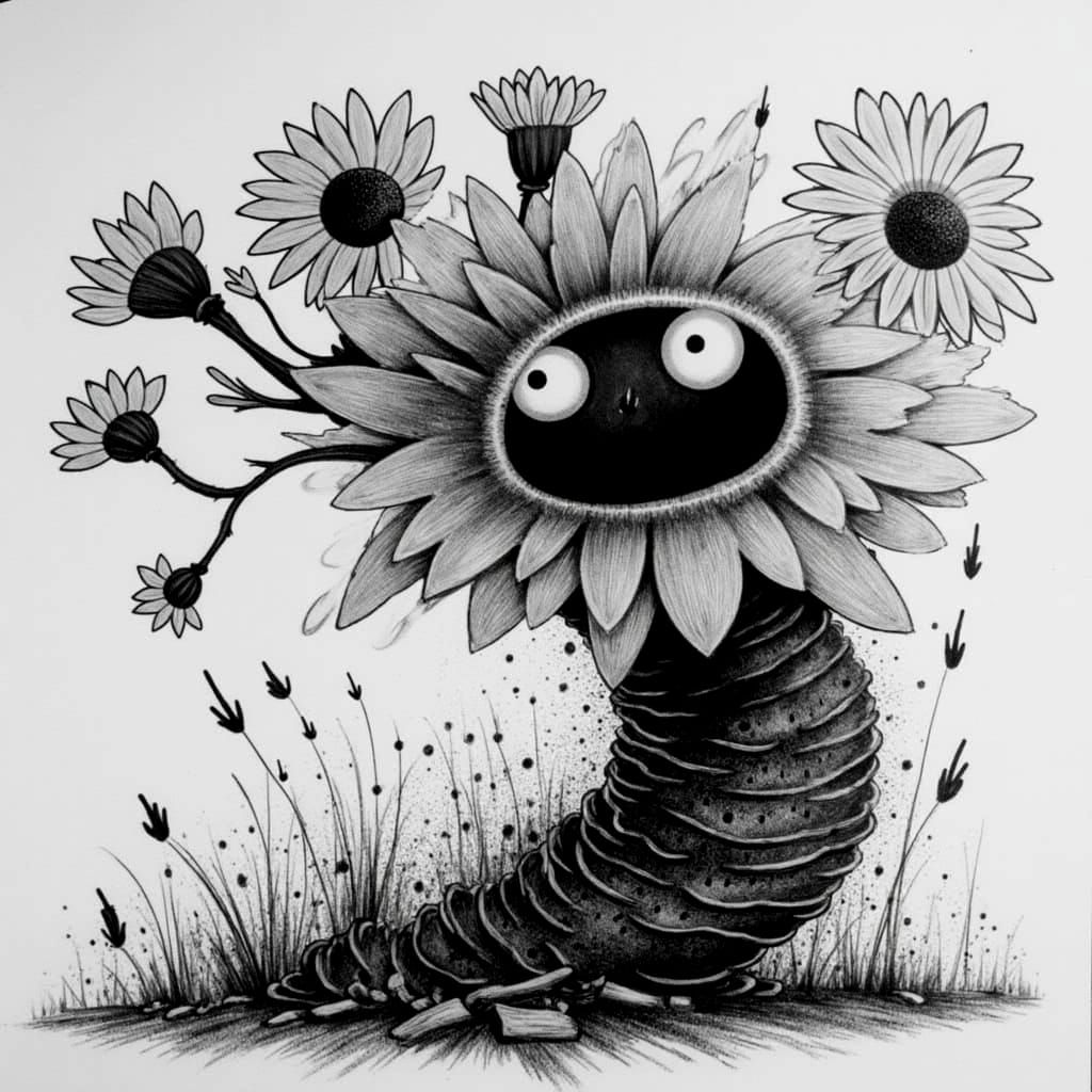 Exaggerated Cartoon Daisies Swept Away in Wild Tornado