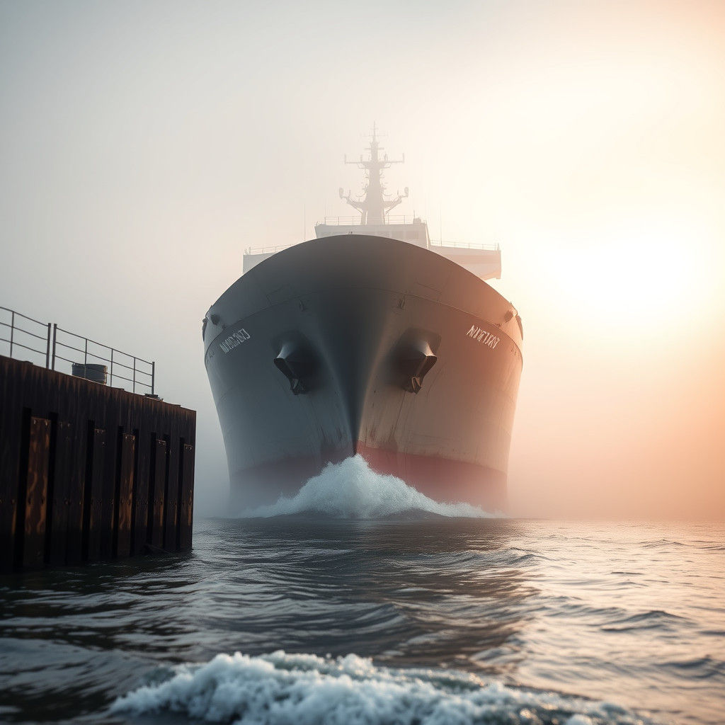 Majestic Ship Emerges from Fog in Golden Light