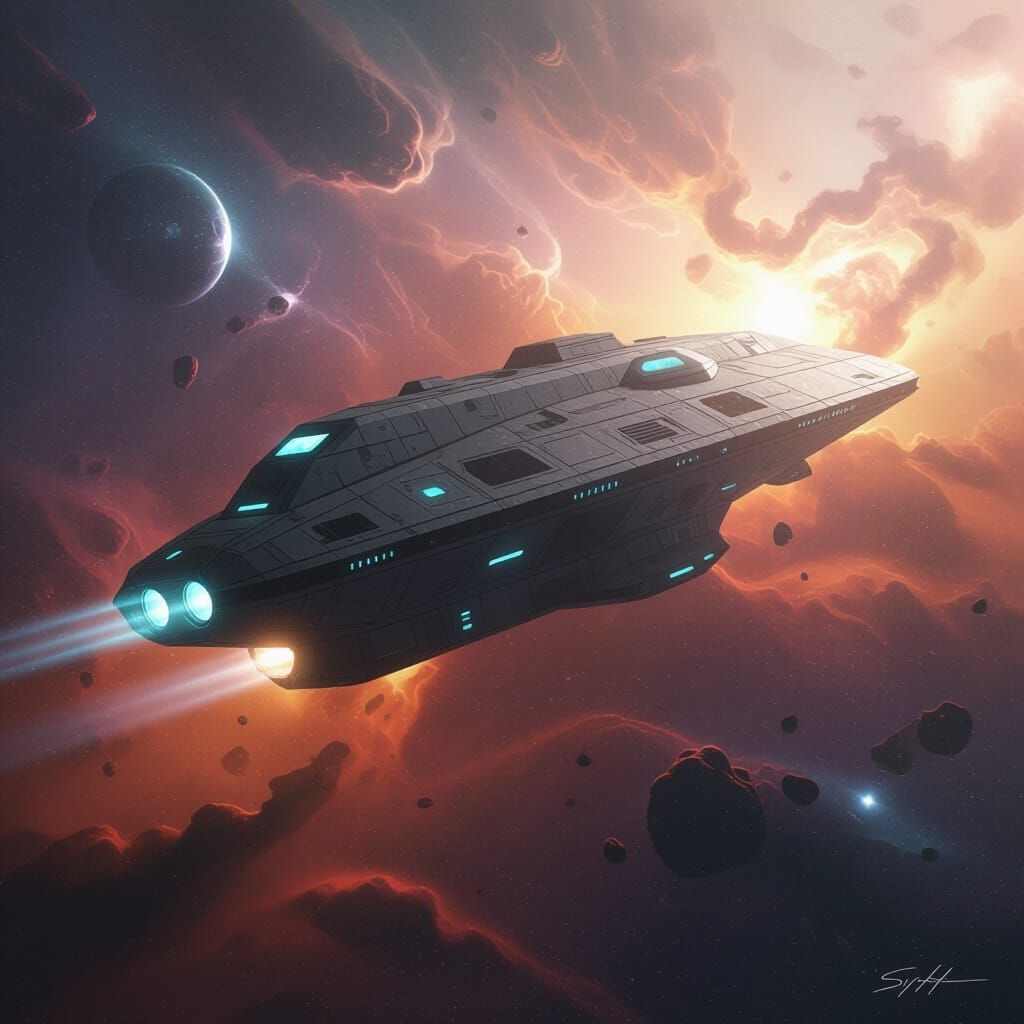 Ancient Spaceship Drifting Through Cosmic Nebula