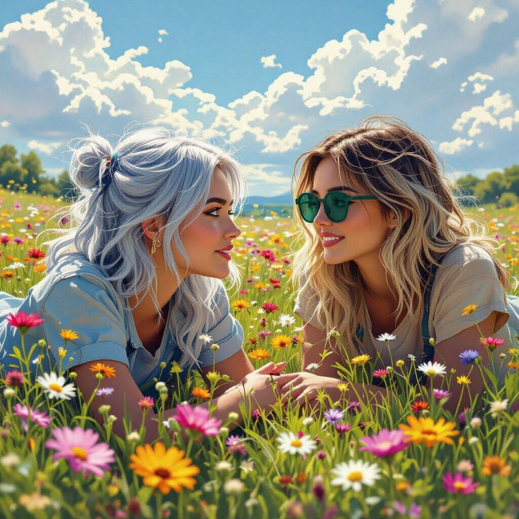 Hyperrealistic Women in Wildflower Meadow in Ethereal Style