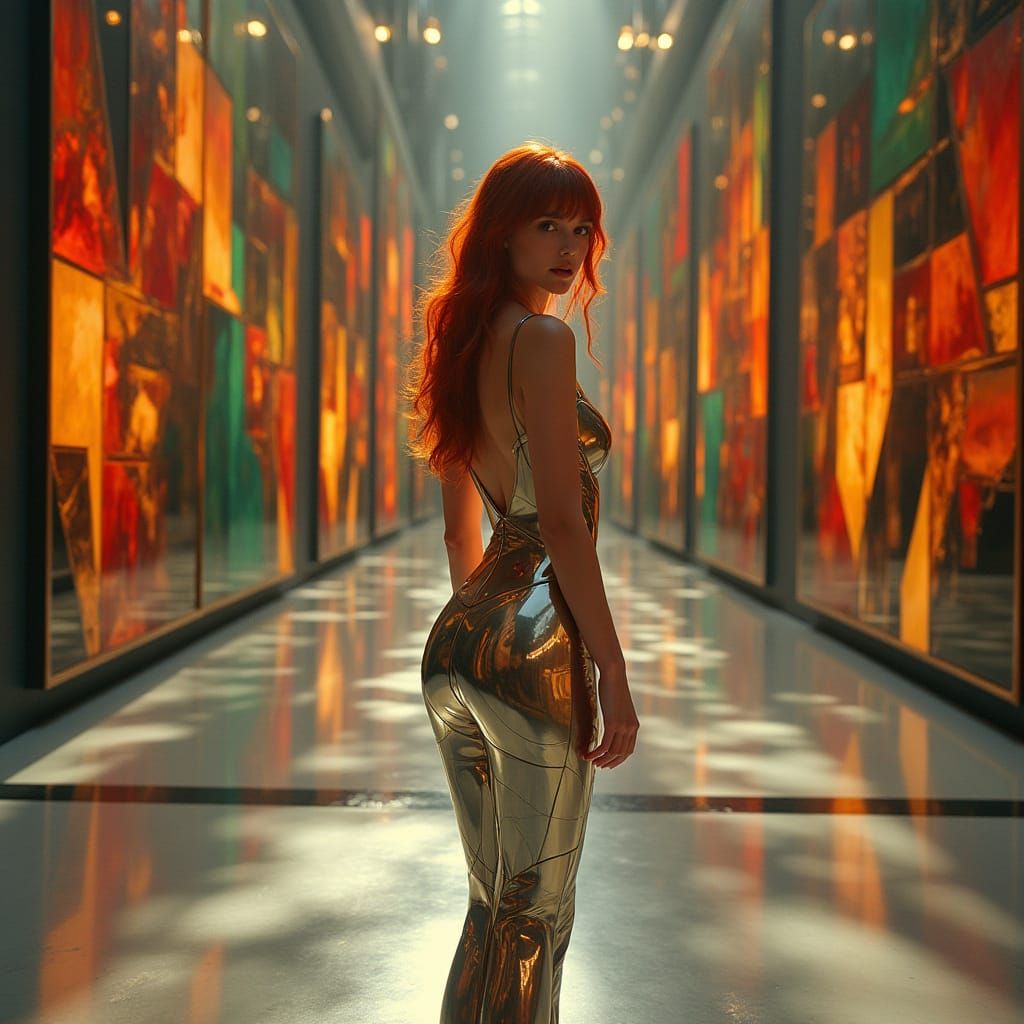 Redhead in Geometric Dress at Art Gallery