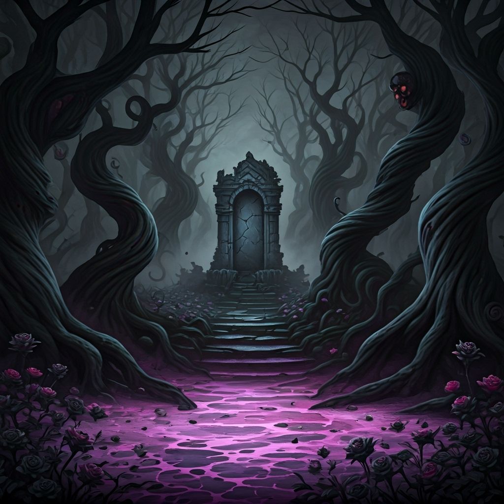 Eerie Feywild Forest with Twisted Trees and Violet Sludge