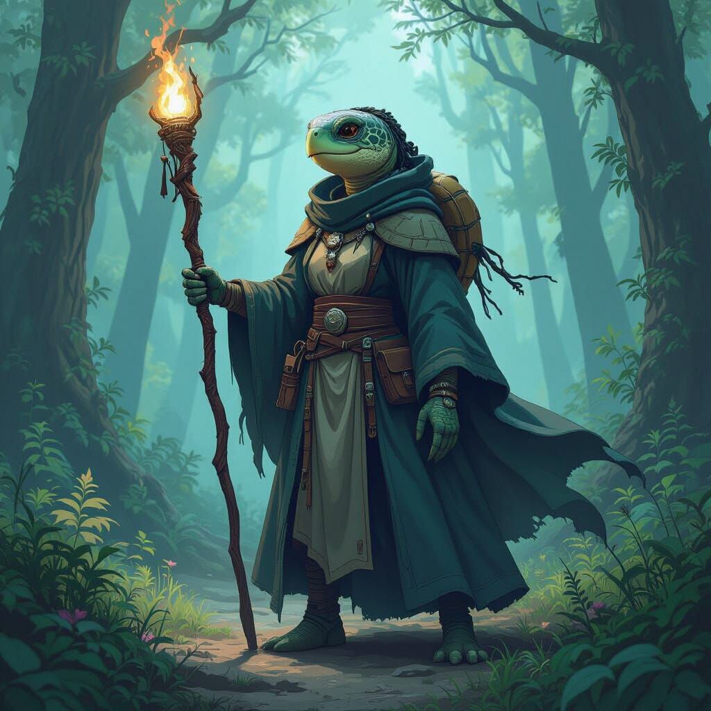 Turtle-Human Wizard in Mystical Forest, Biomechanical Style