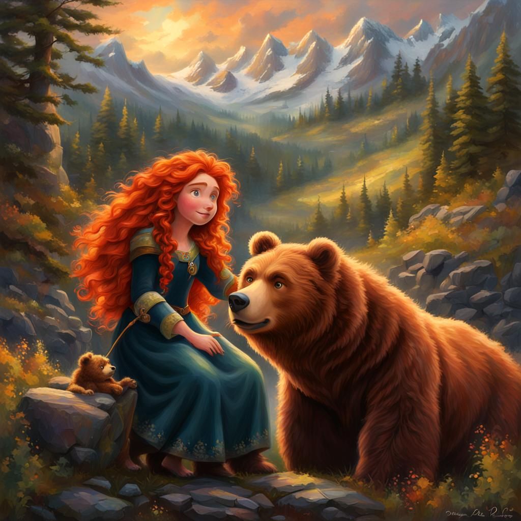 Scottish Princess Merida and Bear in Oil Painting