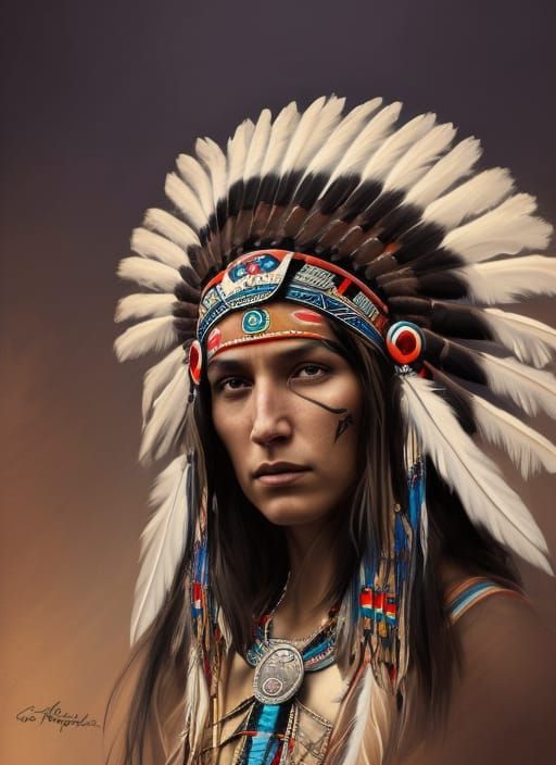 Regal American Indian Chief Portrait in Art Nouveau Style