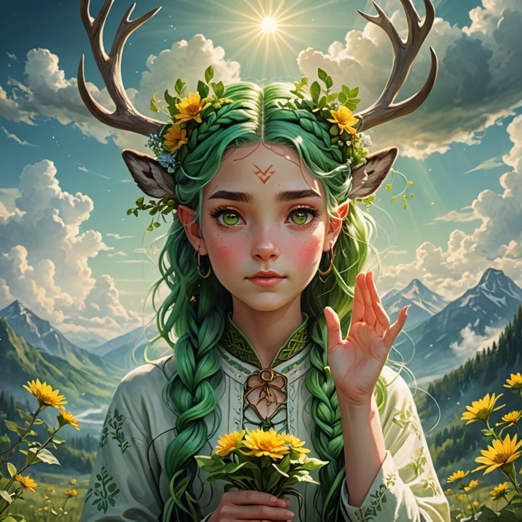 Girl with Antlers and Flower in Divine Light