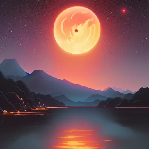 Glowing Japanese Twilight Sky with Moon