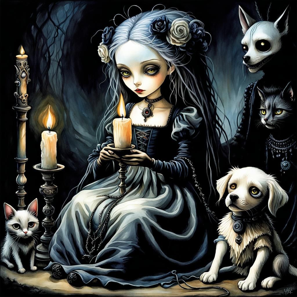 Voodoo Rag Doll and Dog in Gothic Art Style