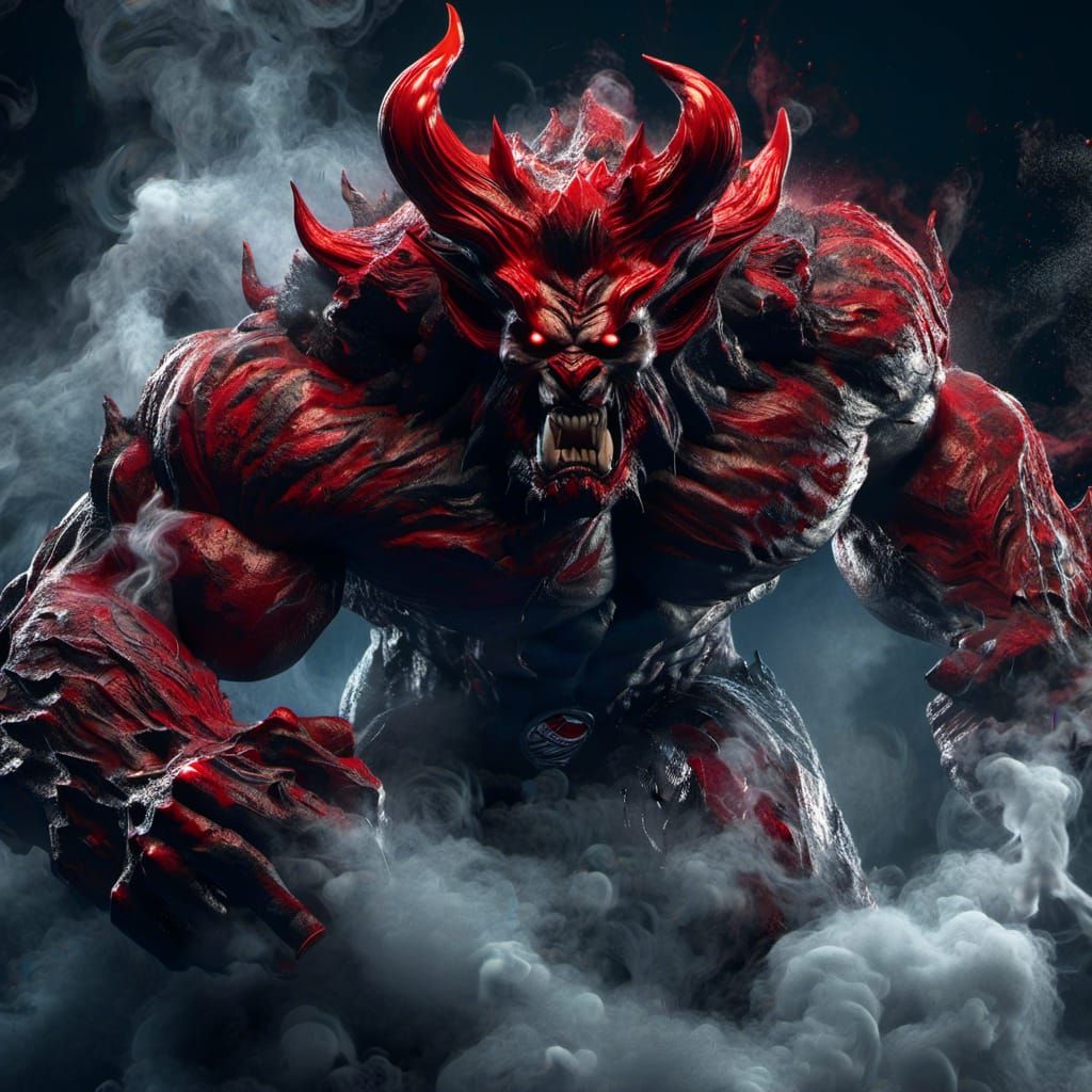 Dangerous Red Demon Portrait in Dark Smoke