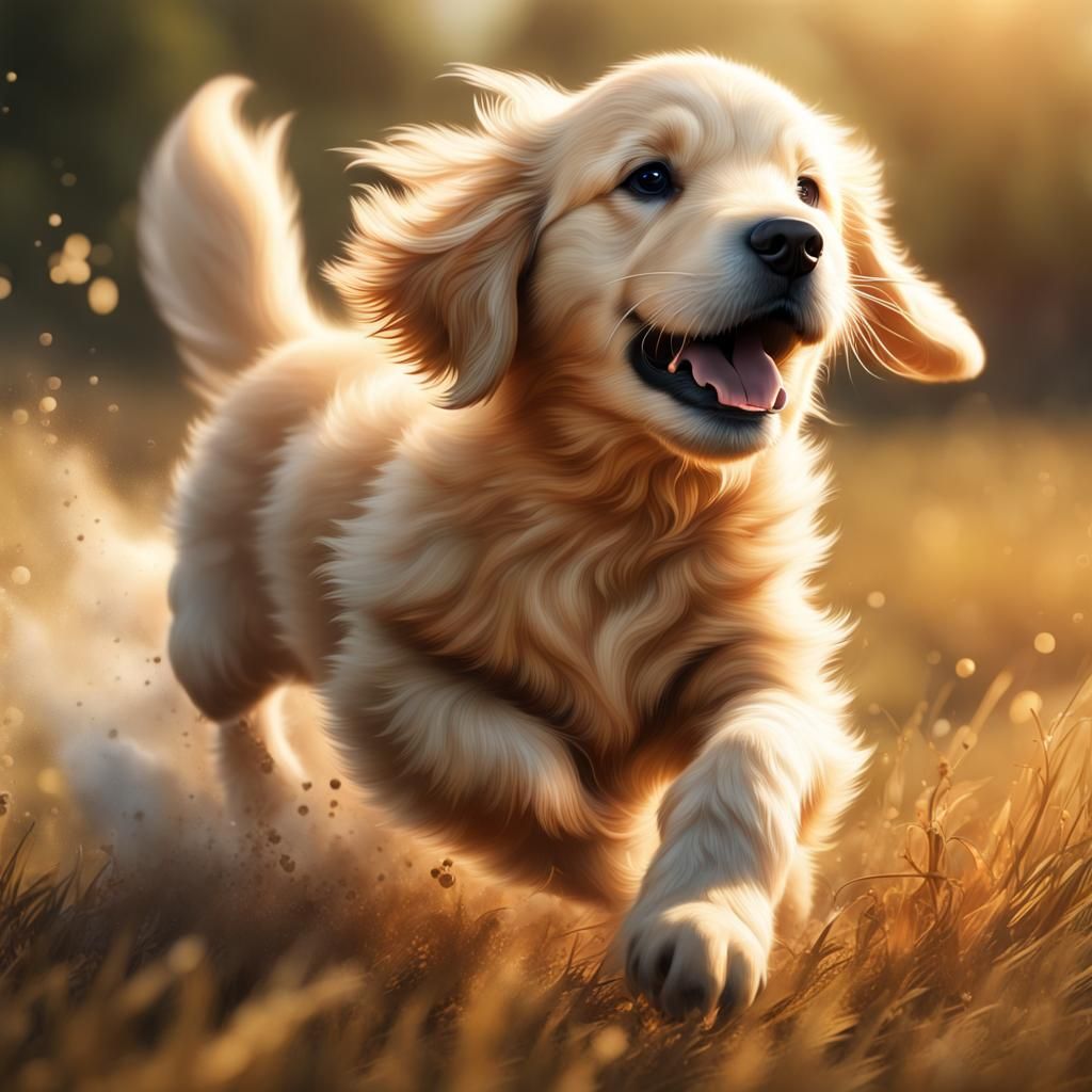 Fluffy Golden Retriever Puppy Leaping in Field