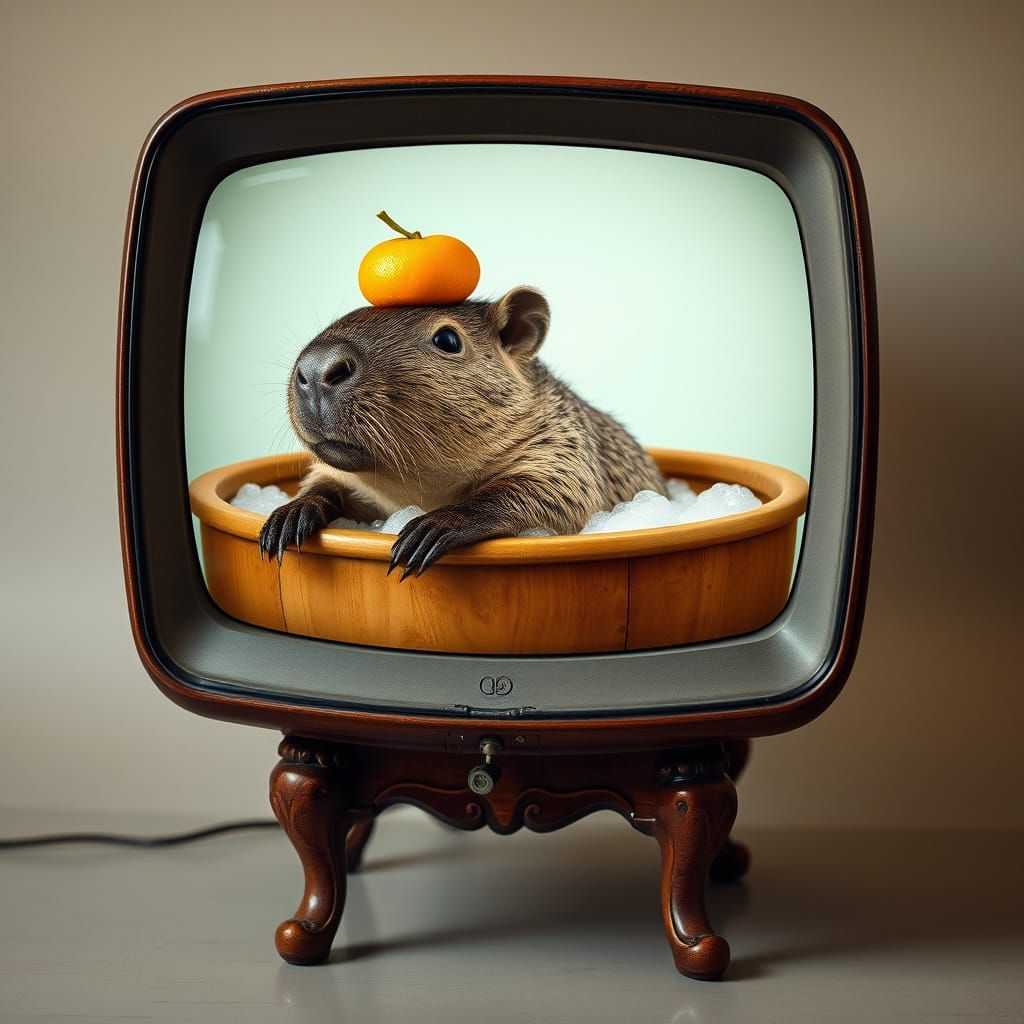 Vintage TV Showcases Whimsical Capybara Bath Scene in Warm, ...