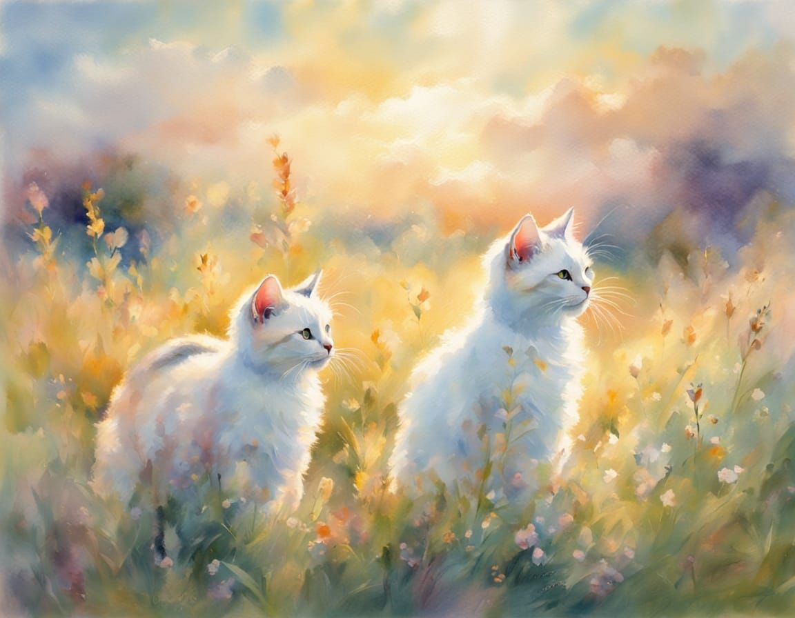 Cats Playing on Lawn in Impressionistic Style