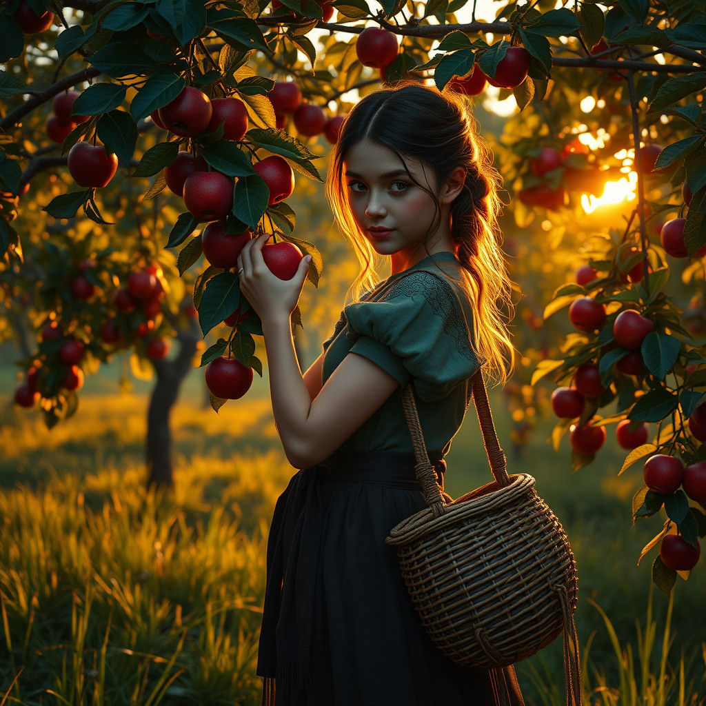 Maiden Harvesting Apples in Magical Orchard