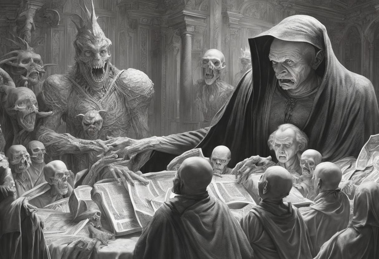 President Shows Currency to Satan in Dark Fantasy Art