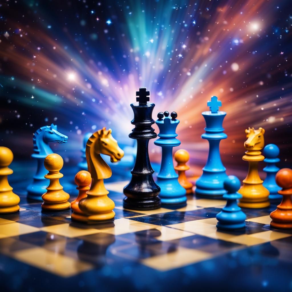 Chess Pieces Float in Colorful Galaxy Above Earth