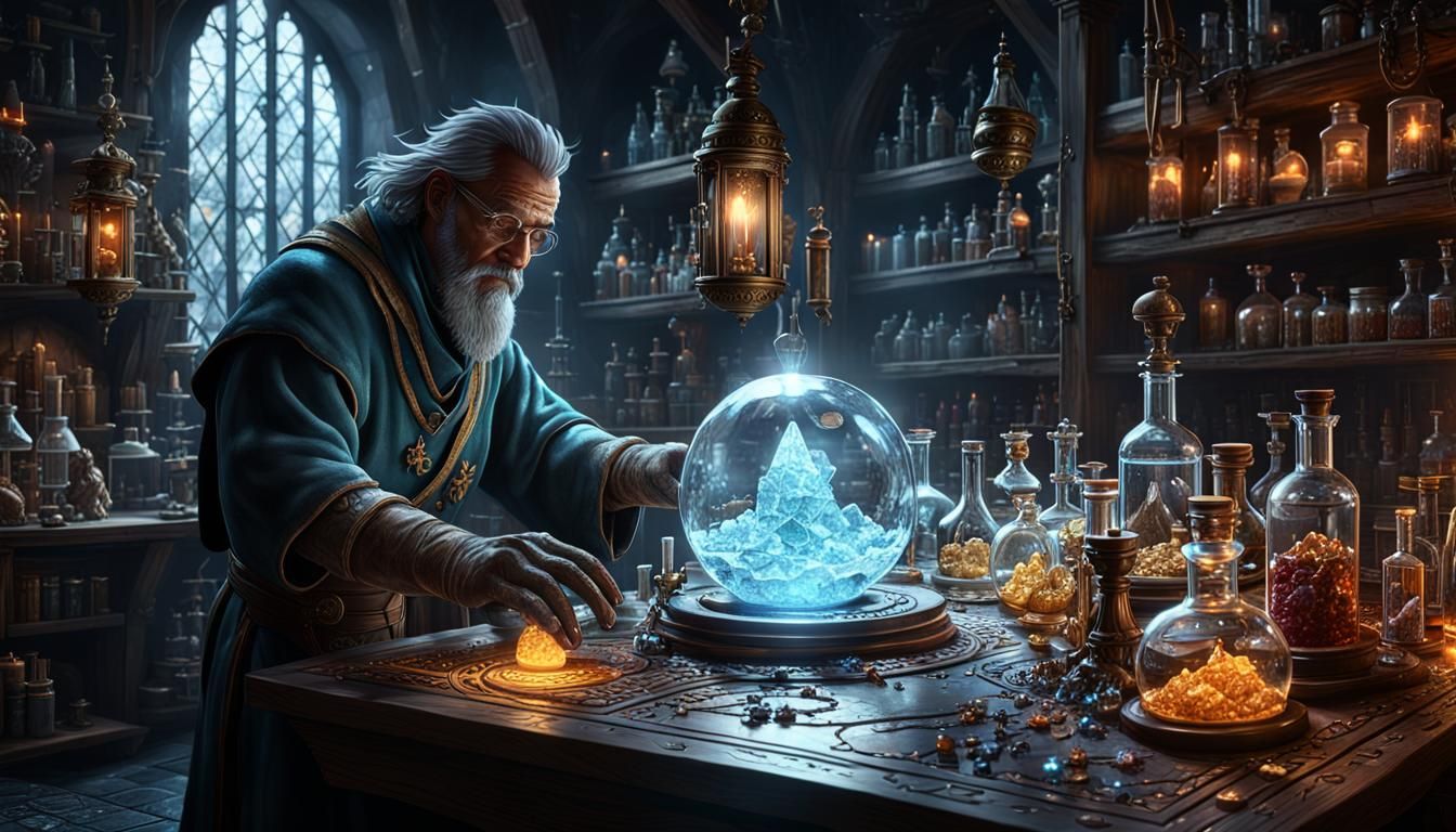 Crystal Alchemist in Dark Fantasy Laboratory