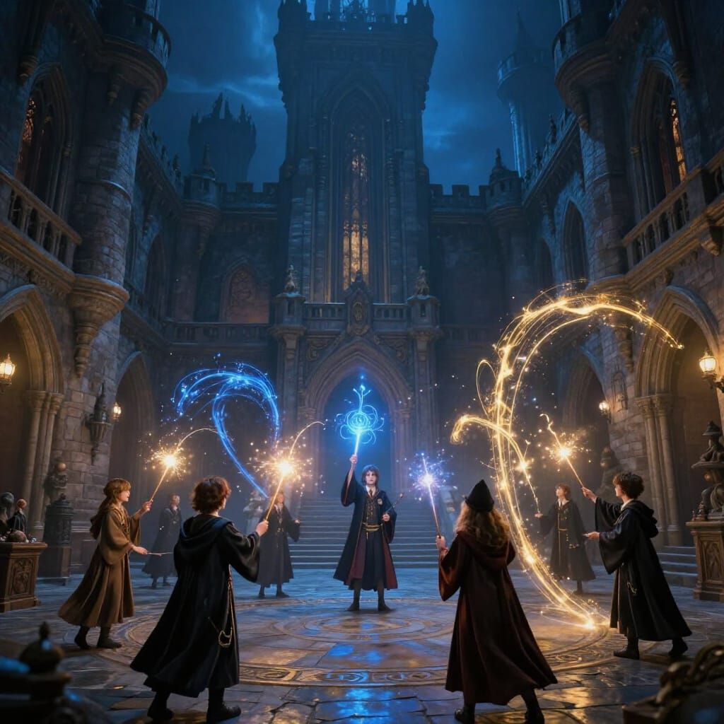 Young Wizards Cast Magic in Castle Courtyard