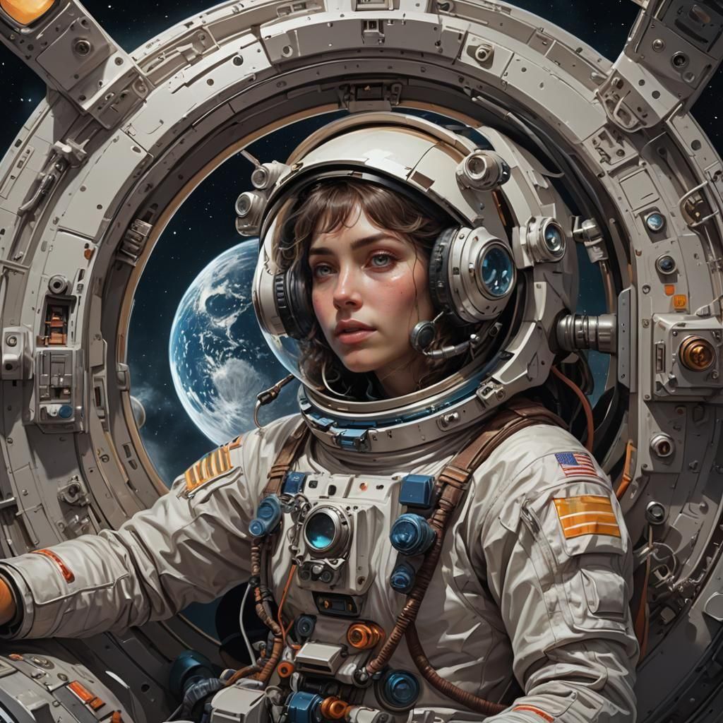 Woman inside a space capsule in the moon using a HAM radio l...
