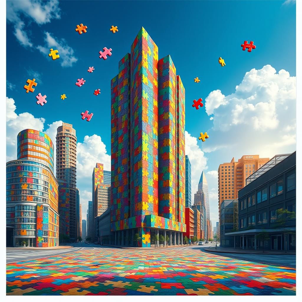 Surreal Jigsaw Puzzle Cityscape in Dreamlike Style