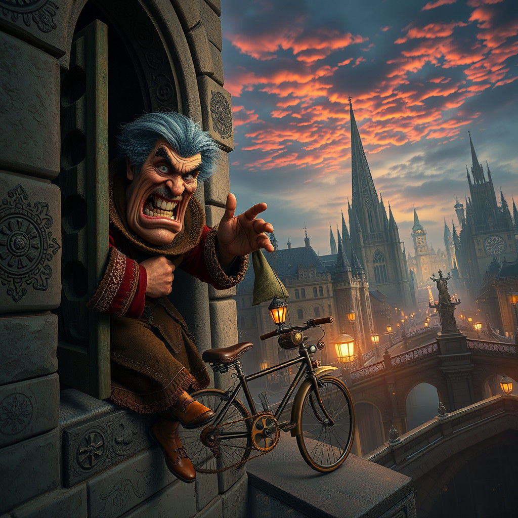 Furious Figure Yelling at Steampunk Tricycle Rider