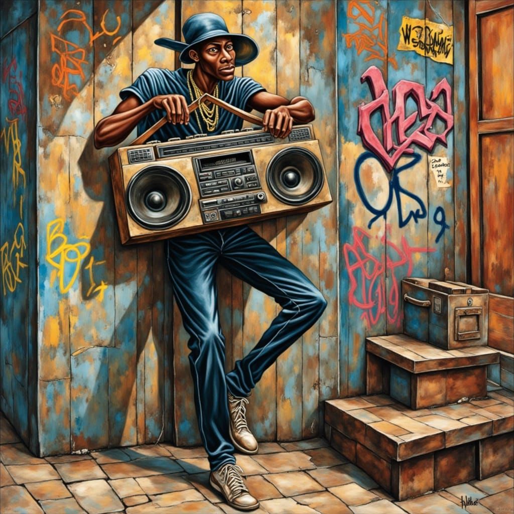 Stylish Man with Boombox in Basquiat-Inspired Graffiti Scene