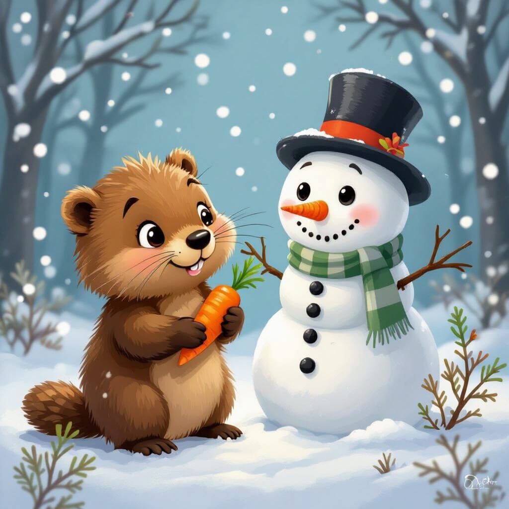 Adorable Baby Beavers With Snowman in Winter Wonderland