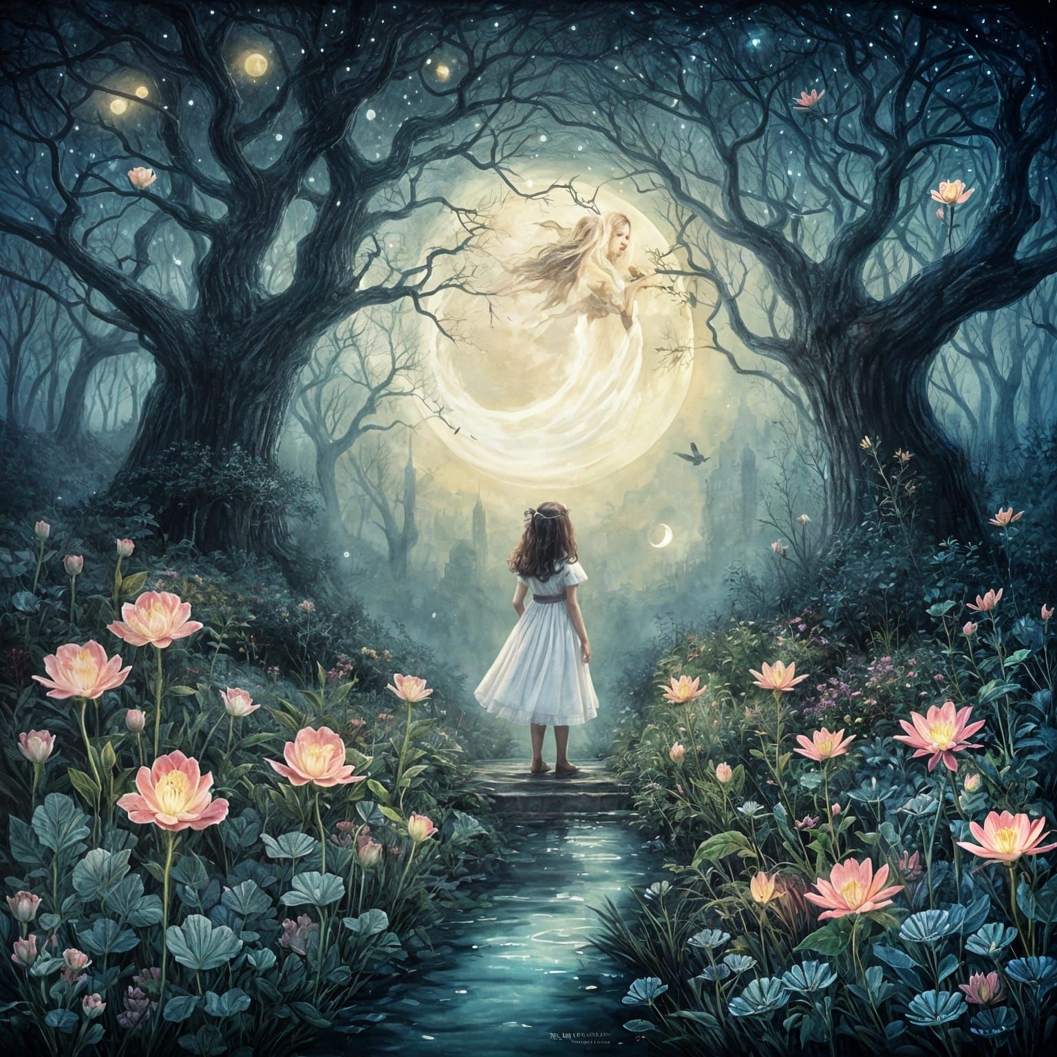 Young Girl Approaches a Grave Under Crescent Moonlight