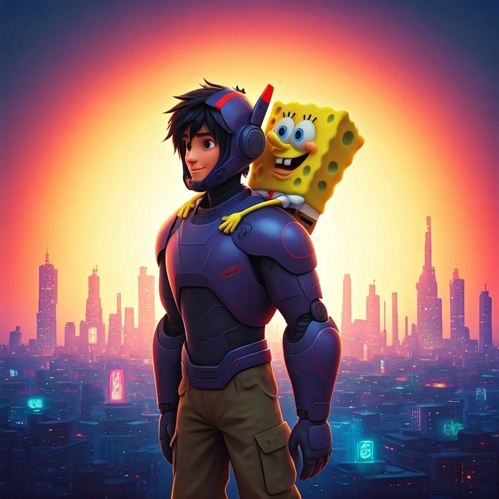 Hiro and SpongeBob in Stylized Cityscape