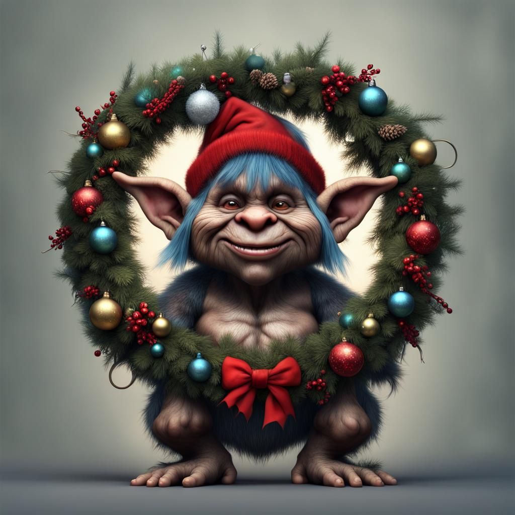 Cute Troll Christmas Wreath: 8k Fantasy Art