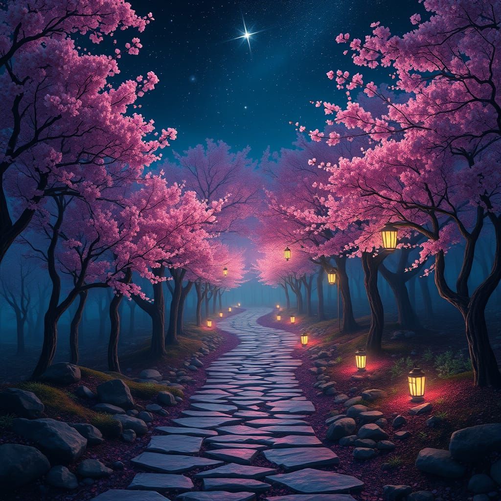 Serene Cherry Blossom Forest Under Starry Night Sky