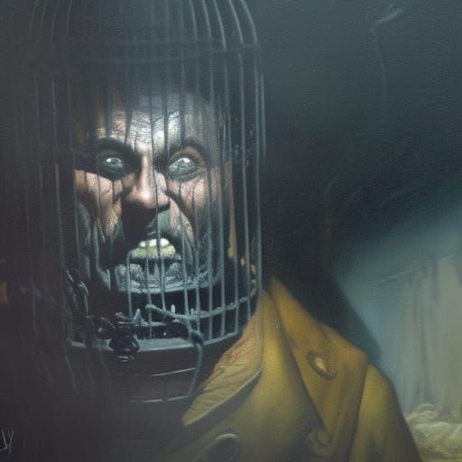 Mad Man in Cage: An Oil Painting in Grotto