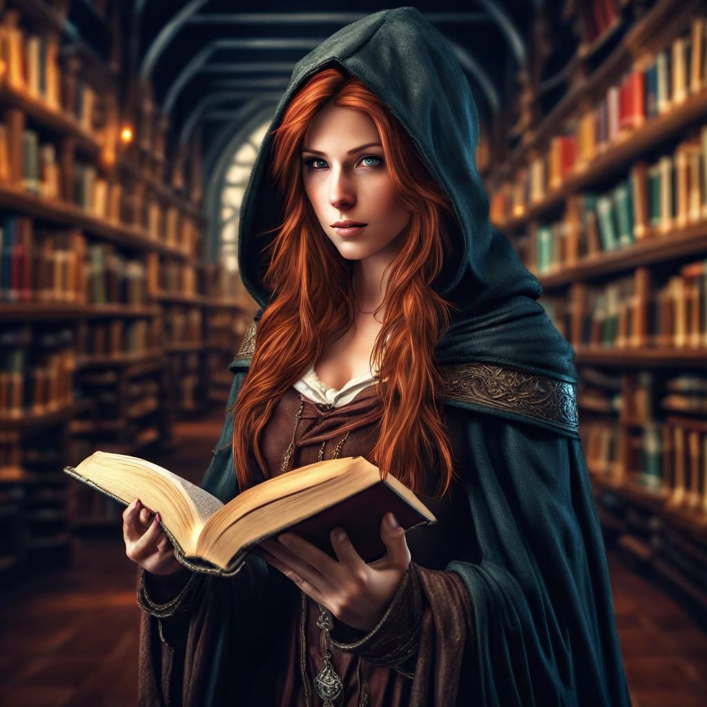 Auburn-Haired Mage Researches in Fantasy Library