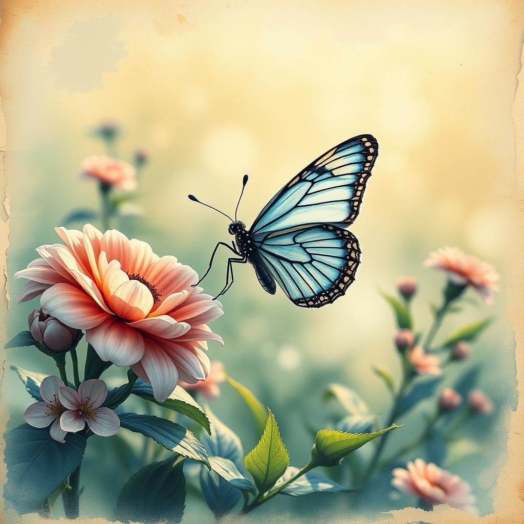 Butterfly on Flower in Dreamy Watercolor Style