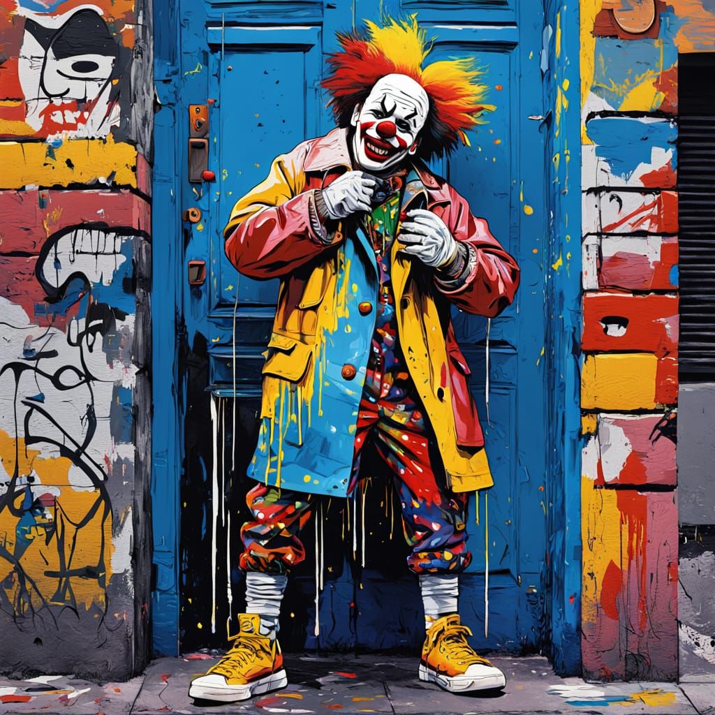 Vibrant Rubenesque Clown Woman in Colorful Alleyway Graffiti...