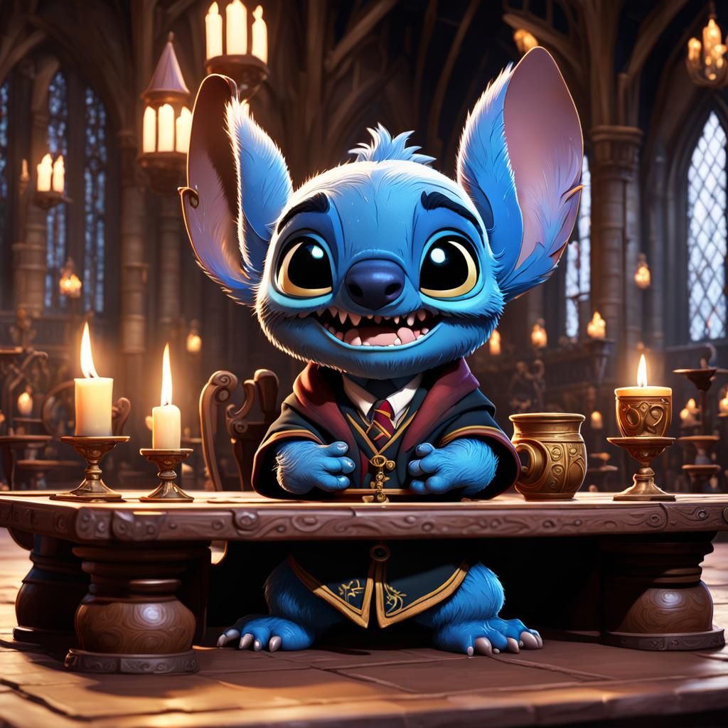 Disney Stitch as Hogwarts Student in Detailed Matte Painting