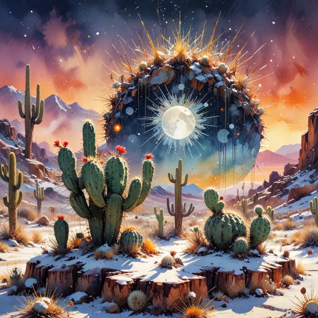 Alien Cacti in Snowy Landscape as Watercolour