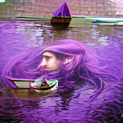 Waterhouse-Style Wizard Sailing on Purple Lake