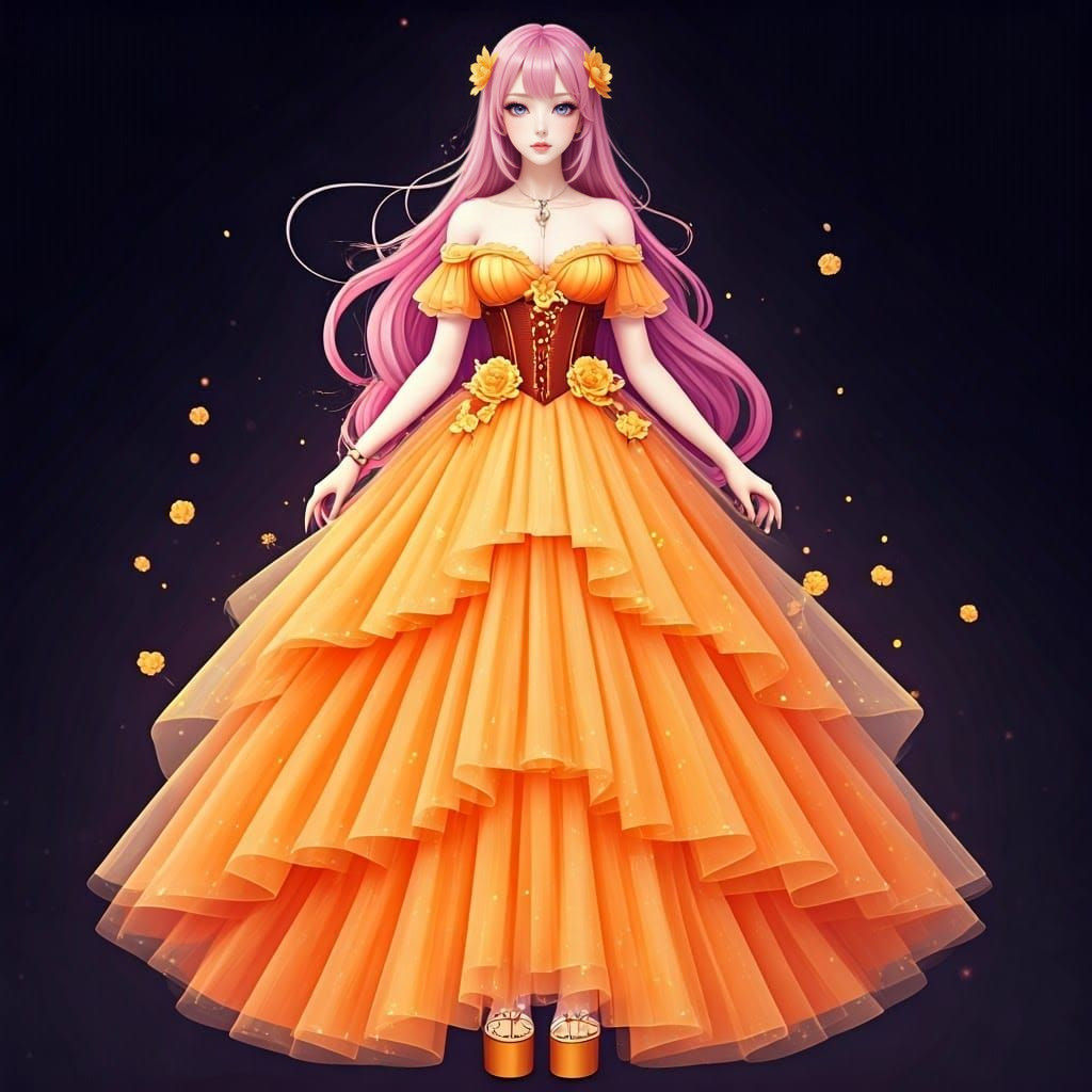 Feminine Model in Vibrant Orange Gown with Floral Accents