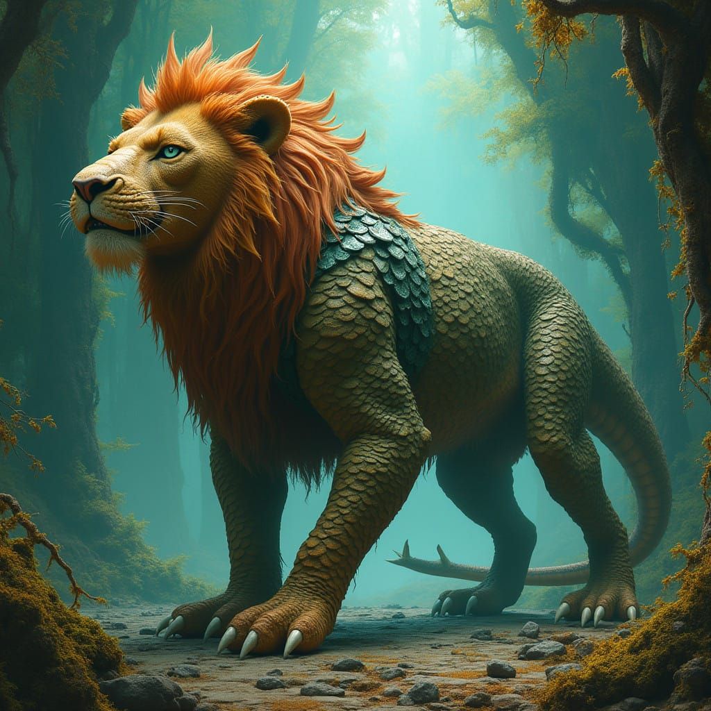 Regal Basilisk Lion in Lush, Dreamlike Landscape